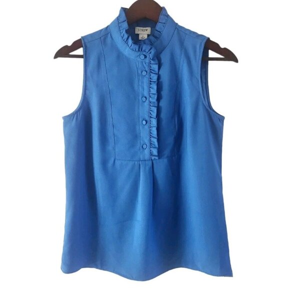 J. Crew Tops - J Crew Blue Ruffle Trim Crepe Tank Top Blouse Size 0 NEW NWT